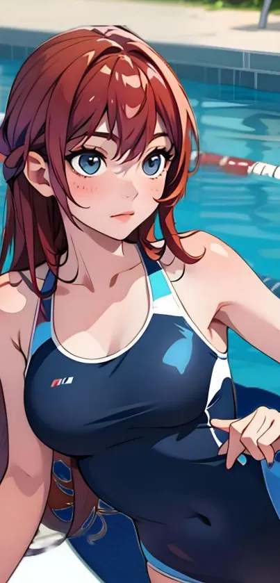 Anime girl in swimsuit by a vibrant pool.