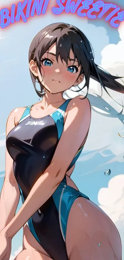 Anime girl in swimsuit with sky background, phone wallpaper.