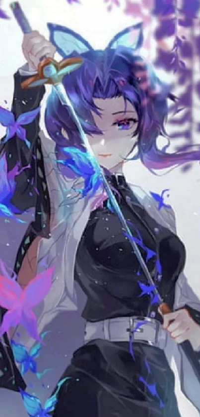 Anime female with sword and butterflies in a purple themed scene.