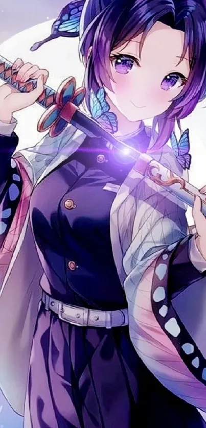 Anime character with sword and butterflies.