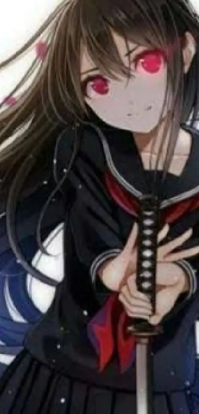 Anime girl with sword and red eyes in school uniform.