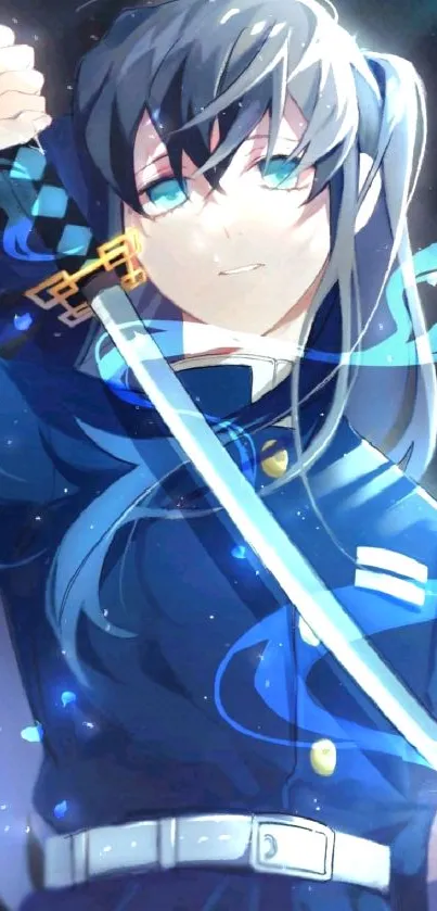 Anime character with blue tones holding a sword gracefully.