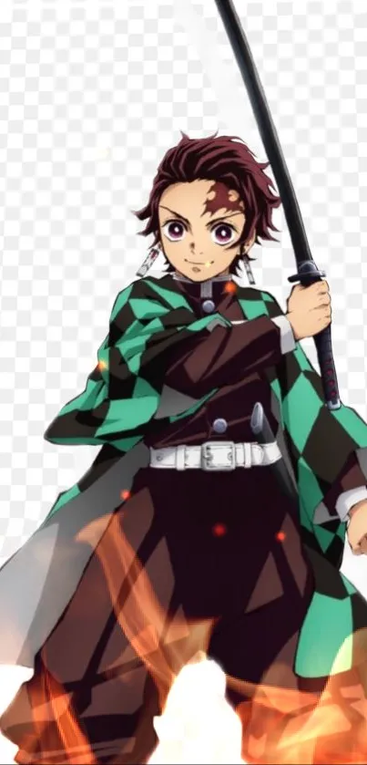 Anime warrior holding sword with green robe and flames.