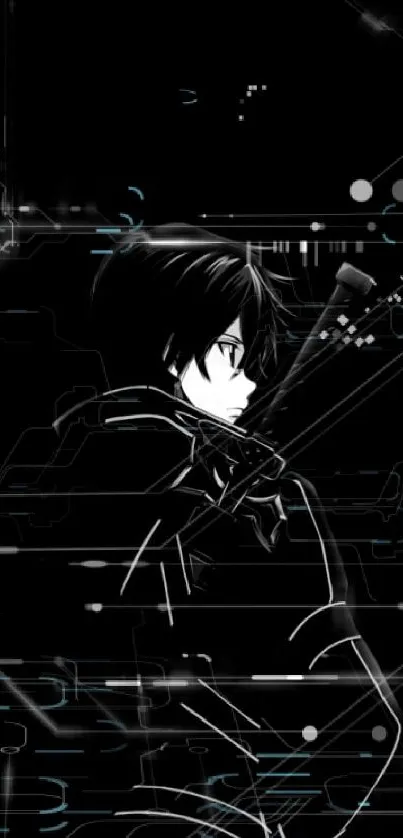 Anime swordsman in silhouette against black background.