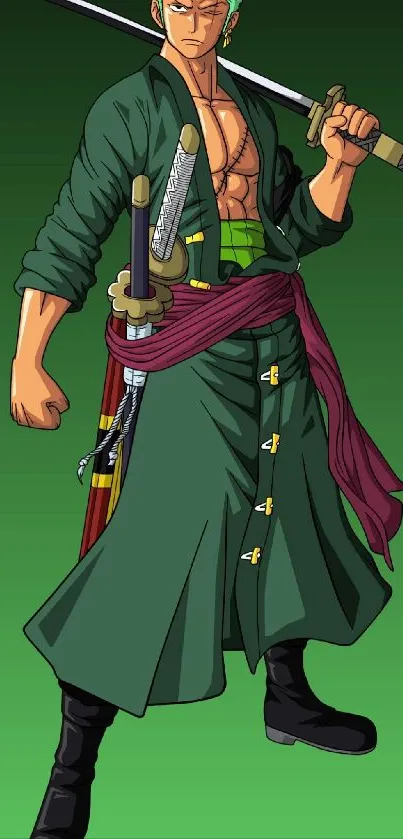 Anime swordsman character on green background wallpaper.