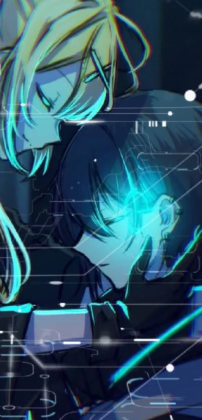 Anime art of two characters with neon glow in a futuristic theme.