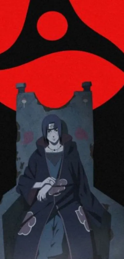 Anime character sitting on a throne beneath a red symbol.