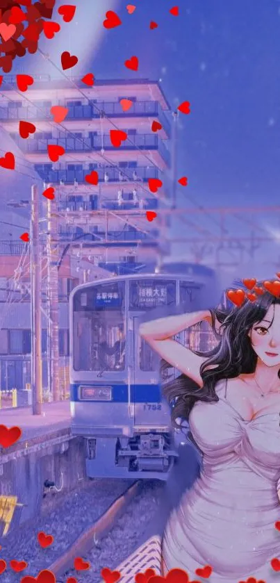 Anime character by train in vibrant city scene with red heart accents.