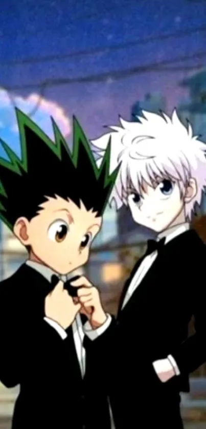 Anime characters in tuxedos with urban evening background.