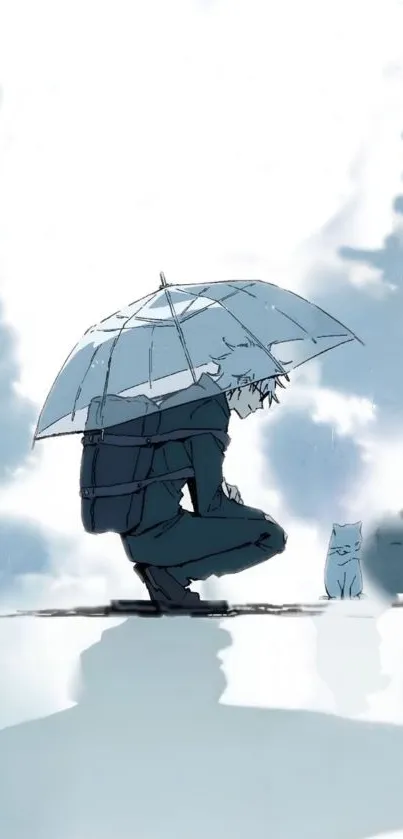 Anime character with umbrella and cat in the rain.