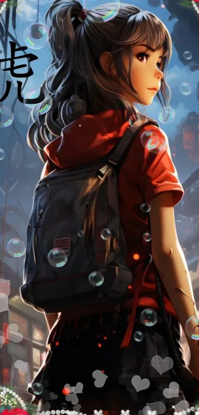 Anime girl with a backpack in an urban setting, surrounded by bubbles and a floral border.