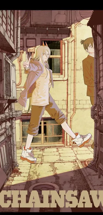 Anime alleyway with characters in a city setting.