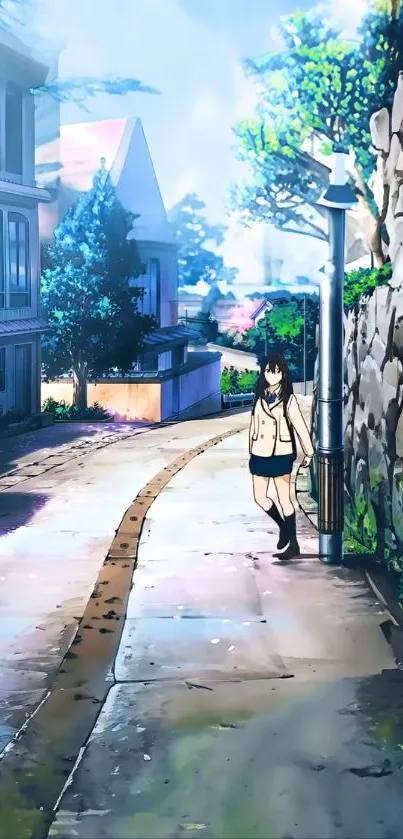 Anime street scene with a lone character in an urban setting.