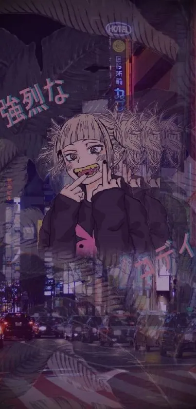 Anime character with urban backdrop and neon lights in purple tones.