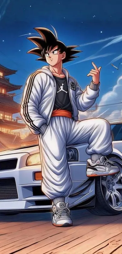 Anime character in urban setting with car.