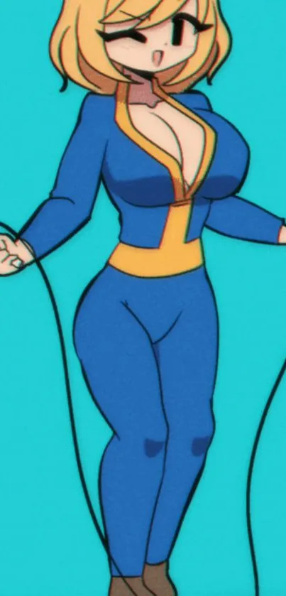 Anime character in a blue jumpsuit with a teal background.