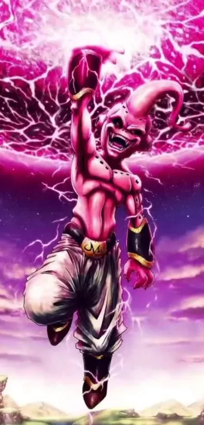 Anime villain unleashes energy in pink sky.