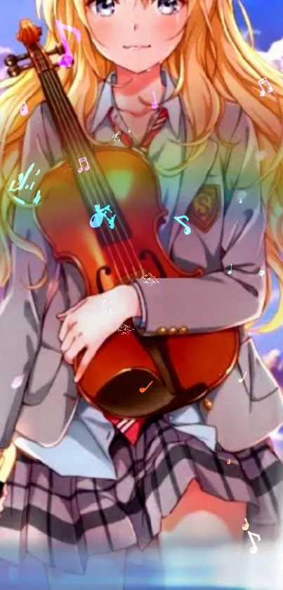 Anime girl with violin against a vibrant sky background, musical theme.