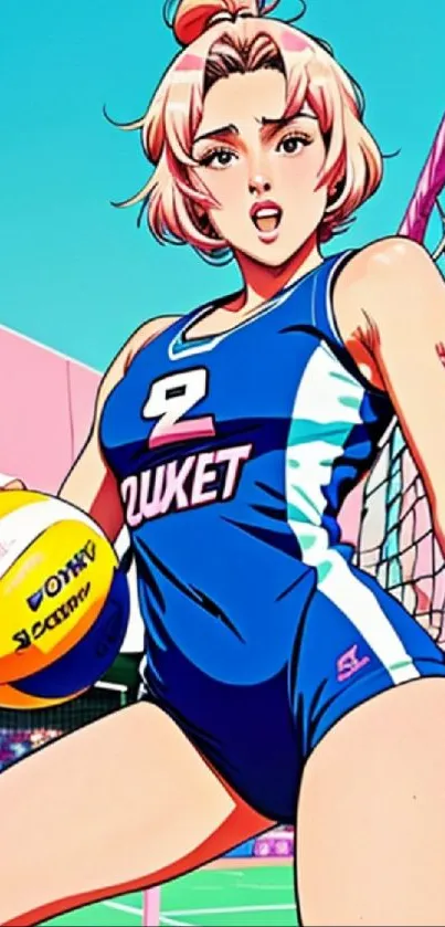 Anime volleyball player in vibrant blue and pink sports setting.