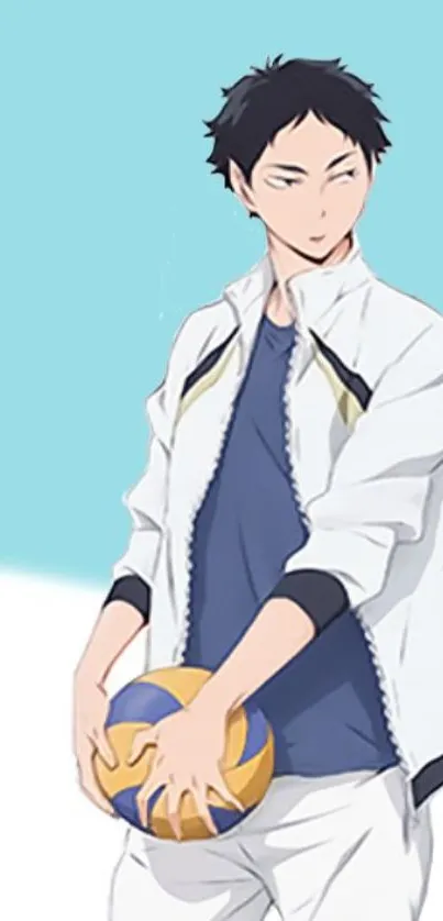 Anime character holds a volleyball, posed against a light blue background.