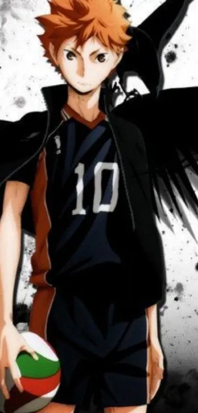 Anime character with volleyball and black wings background.