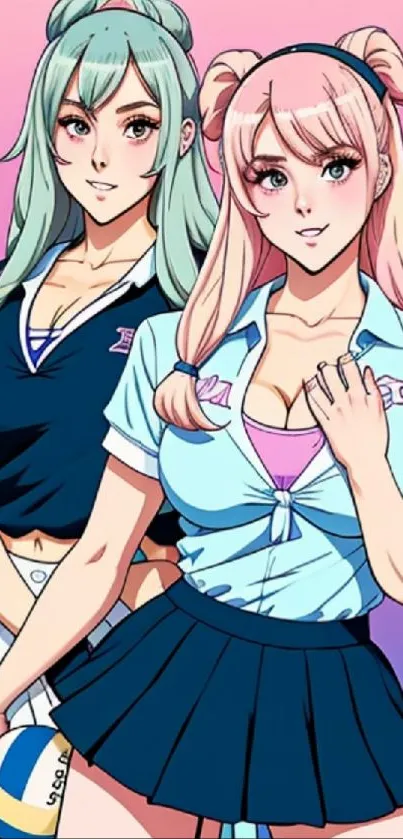 Anime wallpaper featuring two volleyball girls with pink and blue background.