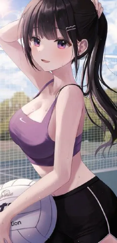 Anime girl with volleyball in outdoor setting.