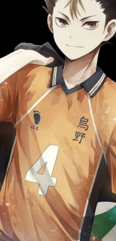 Anime character in orange sports jersey with a confident pose.