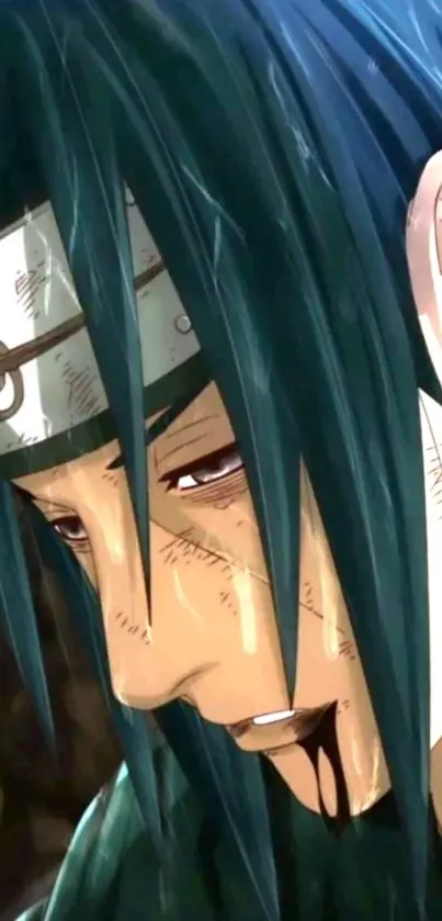 Anime warrior with blue hair and intense expression.