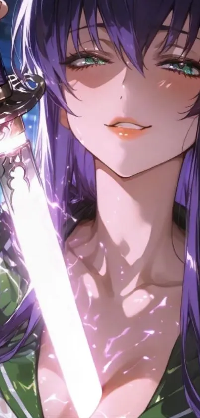 Anime character with a sword and purple hair.