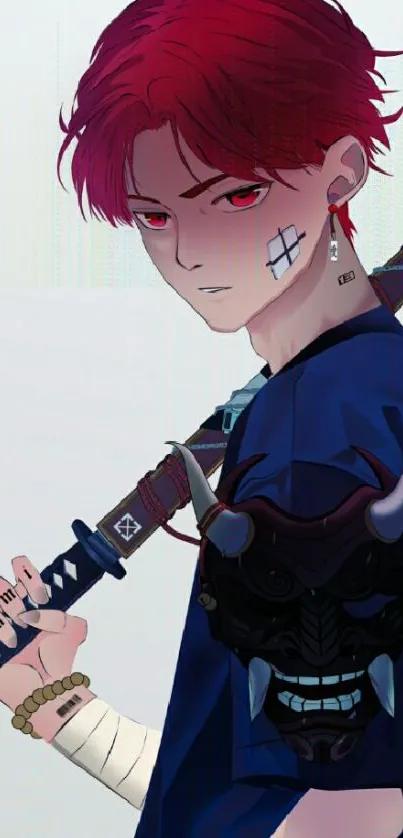 Anime warrior with red hair and sword in blue attire.