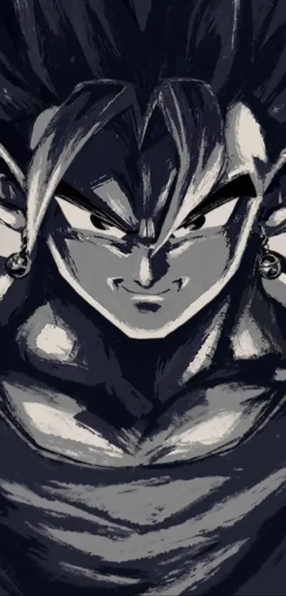 Dynamic anime warrior character in monochrome style.