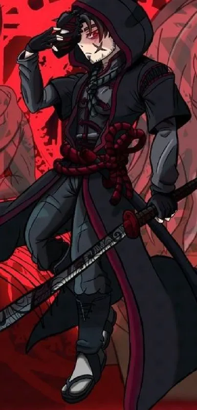 Anime warrior wielding sword with dramatic red backdrop.