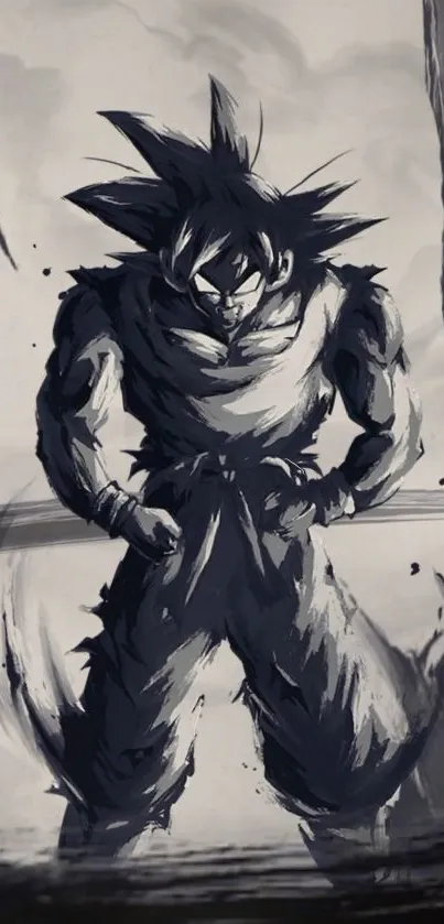 Dark gray anime warrior with dynamic brush strokes.