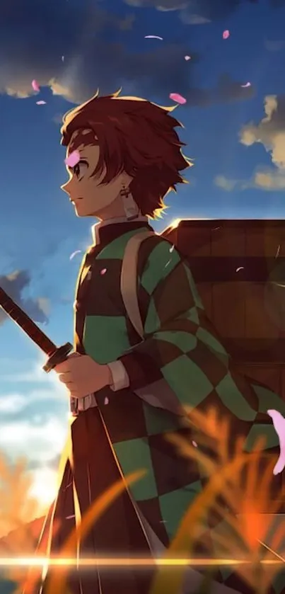 Anime warrior stands against a sunset backdrop.