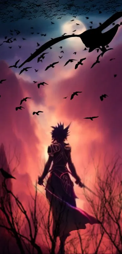 Anime warrior silhouette with birds at sunset sky.