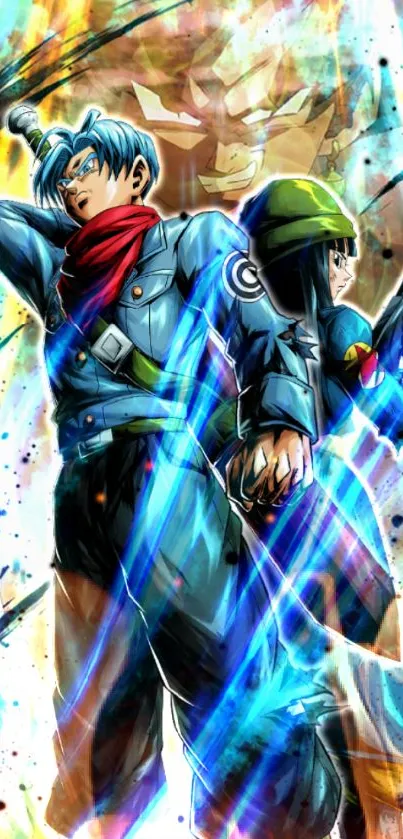 Anime warriors in vibrant colors battling on mobile wallpaper.