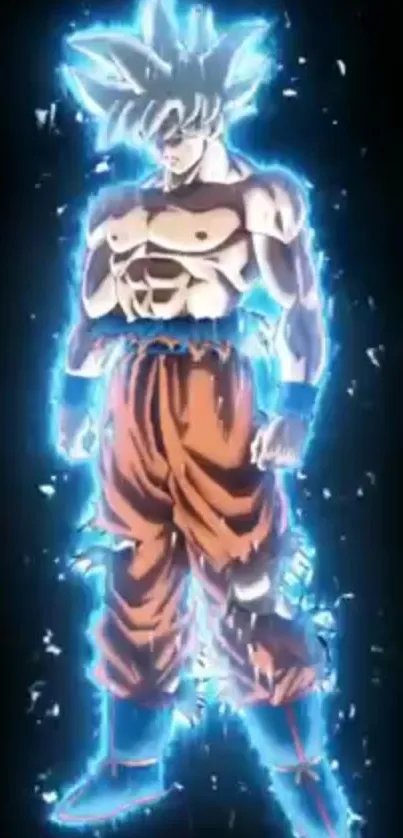 Anime warrior with glowing blue aura in a powerful stance on a black background.