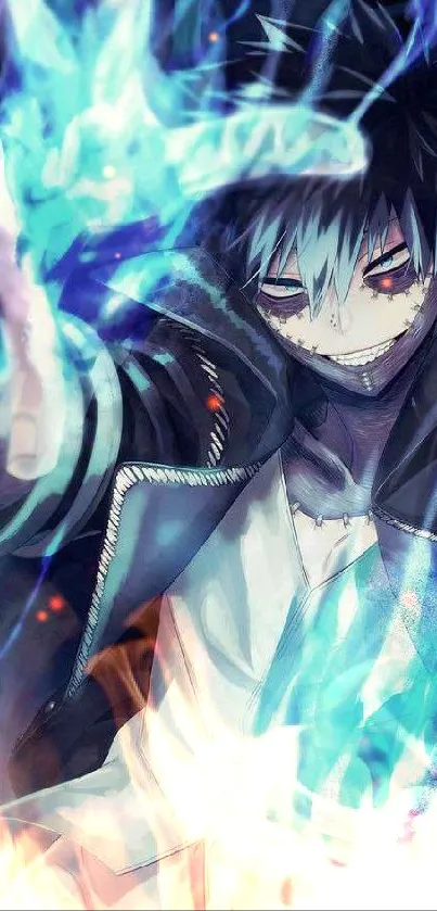 Anime character with blue flames and dynamic pose mobile wallpaper.