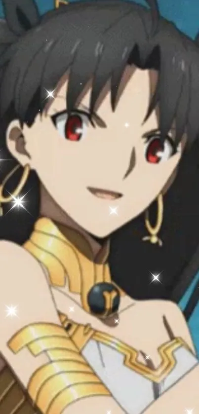 Anime character with black hair and gold accessories, sparkling effect.