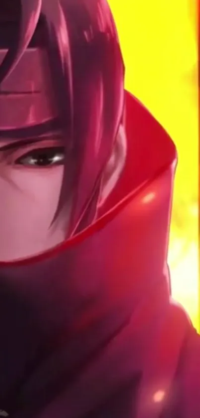 Anime warrior with intense red background close-up.