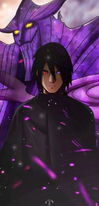 Dark anime warrior with glowing purple armor and mystical backdrop.