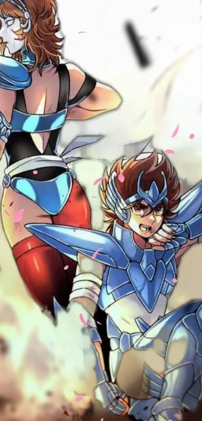 Anime warriors in blue armor dynamic action pose.