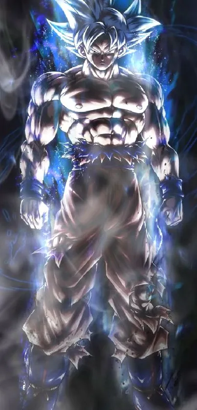 Anime warrior with blue energy aura on mobile wallpaper.