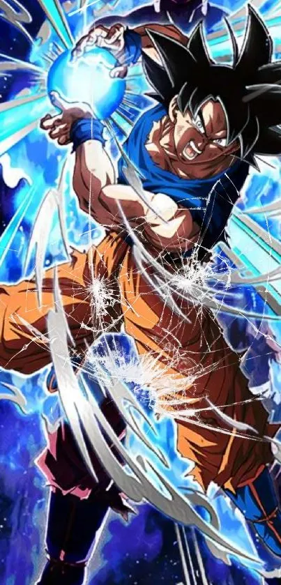 Anime warrior unleashes energy in vibrant blue scene.