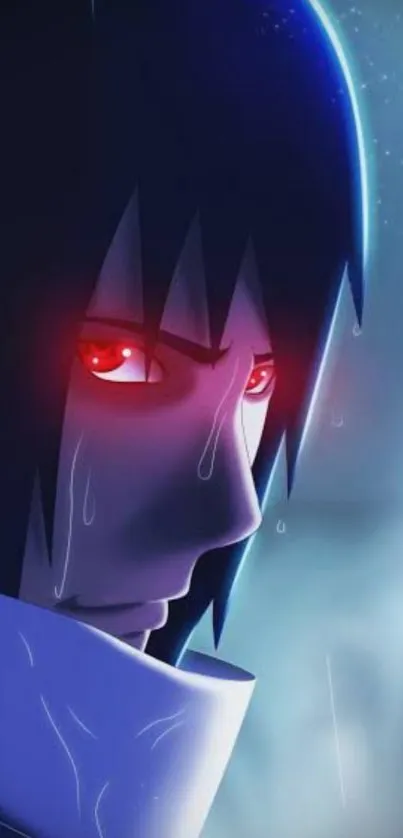 Anime character with intense red eyes in a dark blue theme wallpaper.