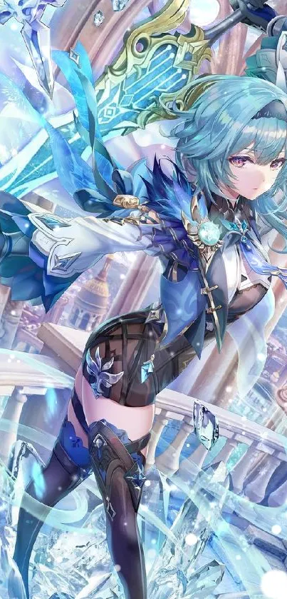 Vibrant anime warrior with blue fantasy elements in majestic setting.