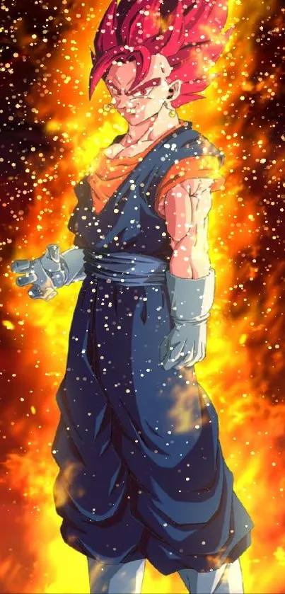 Anime warrior with fiery hair and vibrant flames background.