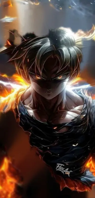 Anime warrior with fiery aura and intense gaze.