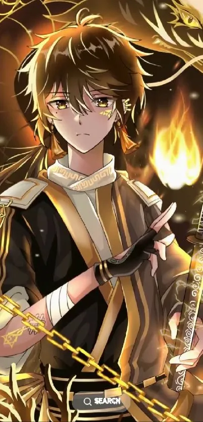 Anime warrior holding a sword with golden fiery effects.